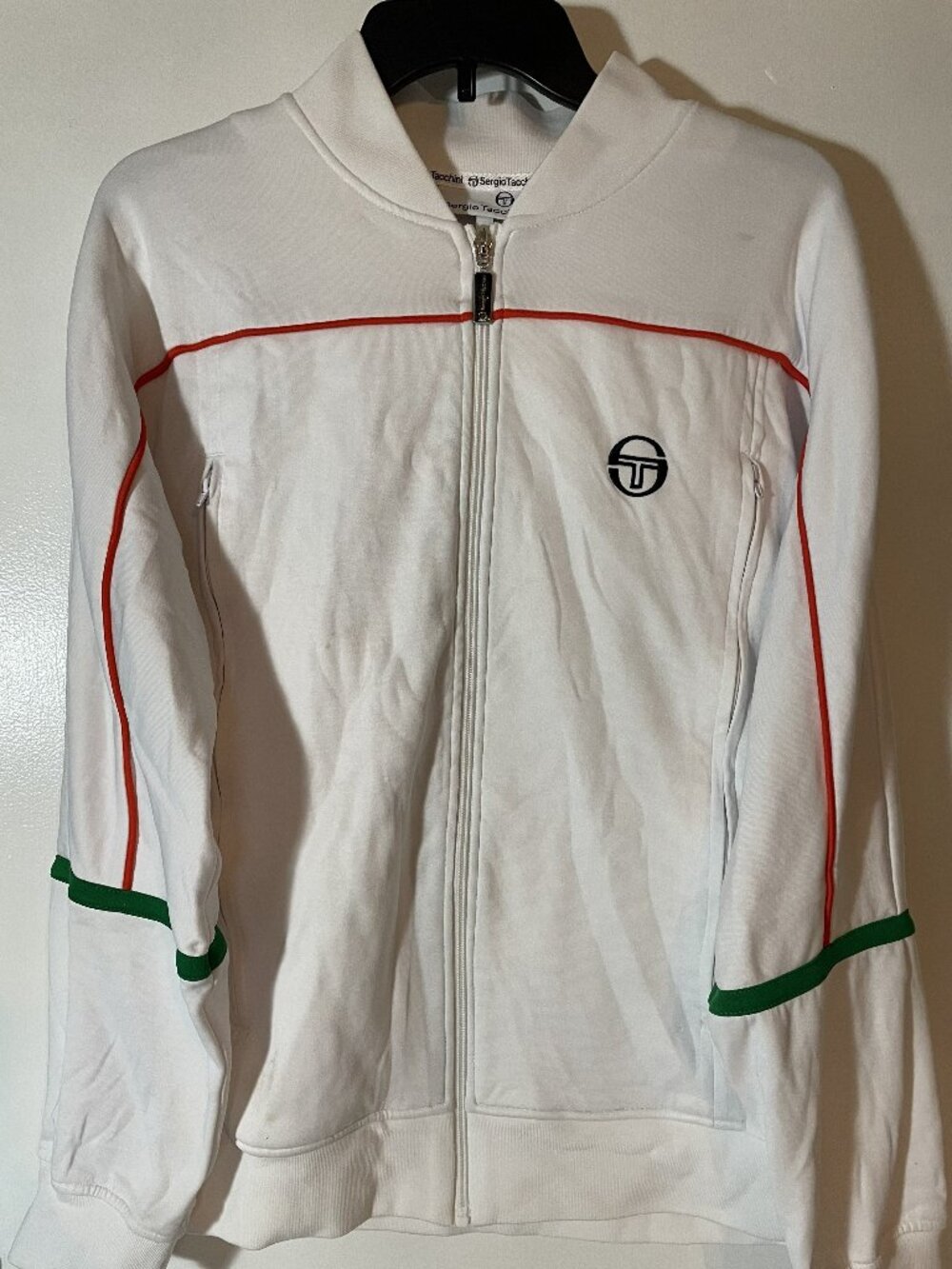SERGIO TACCHINI Men’s White Zip‑Up Track Jacket – Red Piping, Green Trim, Size L